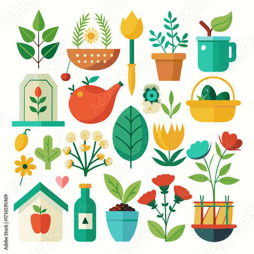 Flat vector illustration of plants and gardening objects