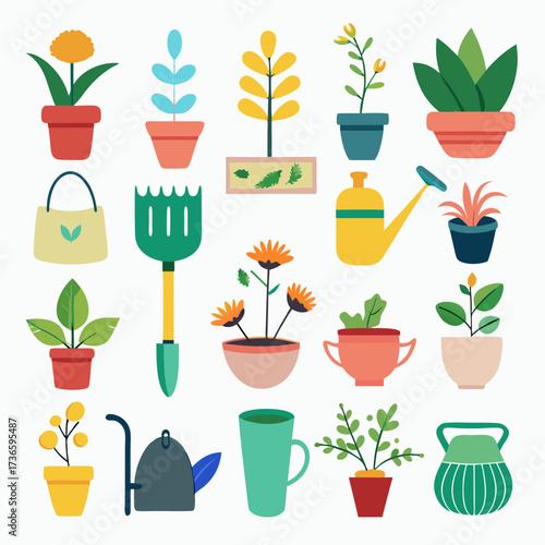 Flat design gardening equipment and potted plant collection illustration