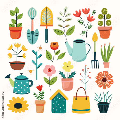 Cute gardening tools and plants in flat illustration style