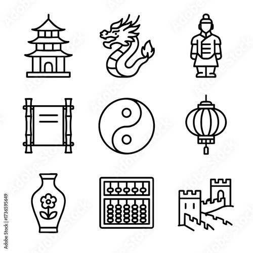 Terracotta scroll lantern icons vector china dragon abacus vase ancient icon pagoda