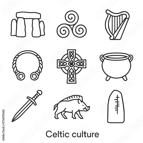 Ogham triskele cross knotwork necklace harp icon celtic vector sword cauldron symbols