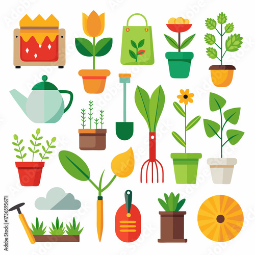 Flat illustration of gardening tools and plants on white background