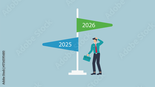 Businessman confused about the future direction between 2025 and 2026, choosing the right path