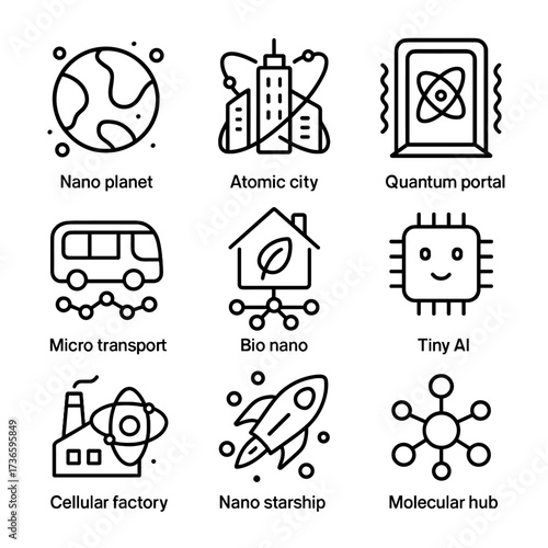 Transport atomic icon city planet future quantum vector house starship icons nano
