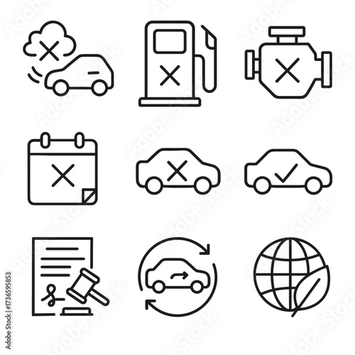 Simple vector icon set isolated depicting issues with combustion engines and alternative transportation  