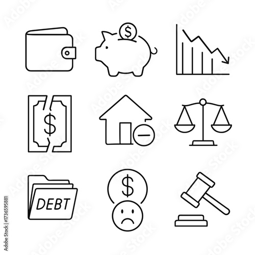 Simple vector icon set representing bankruptcy and financial issues  