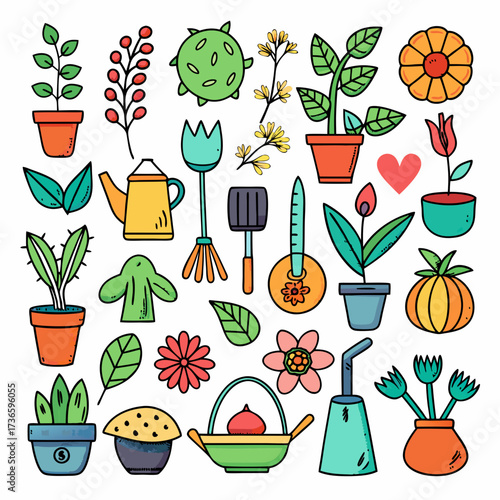 Collection of potted plants and gardening tools illustration