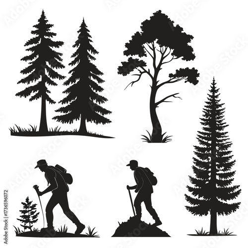 Silhouette collection of trees and hikers on white background