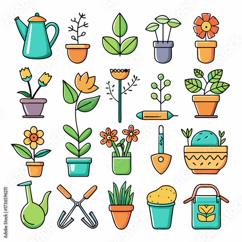 Collection of gardening equipment and potted plants illustration