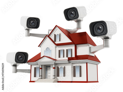 Canvas-taulu House protected with CCTV surveillance cameras on transparent background
