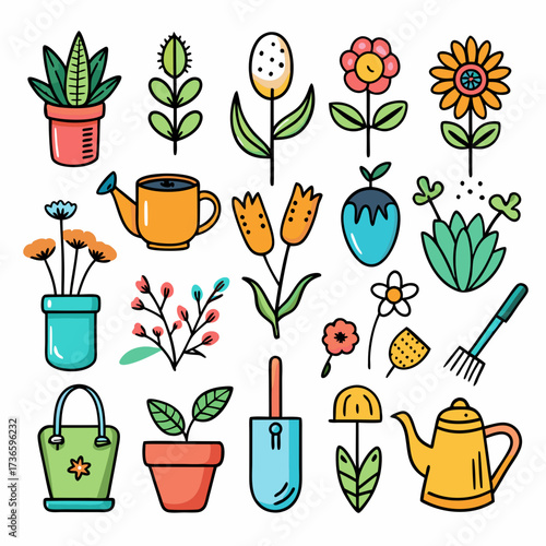 Colorful vector gardening tools and flowers illustration isolated set