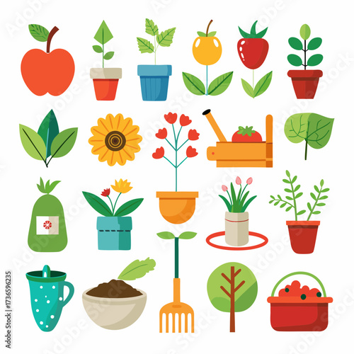 Collection of flat vector garden icons and plants