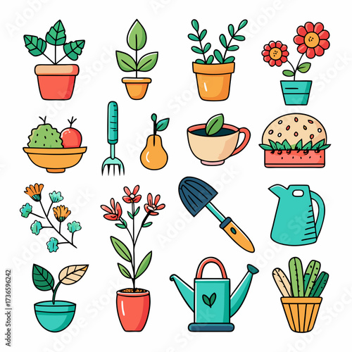 Collection of gardening tools and plants in cartoon style