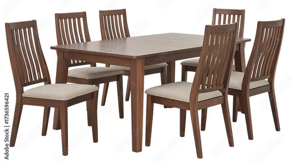 Fototapeta premium Wooden dining table with six chairs, high-quality product photo, cutout, PNG isolated on white or transparent background