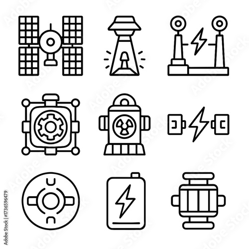 Nuclear battery relay energy solar cable icon reactor orbital icons space vector
