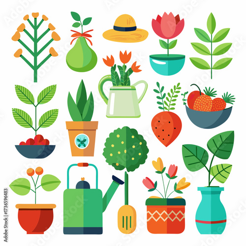 Flat vector illustration of garden tools, plants and flowers