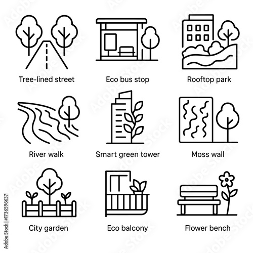 Icons icon eco city bus vector walk biophilic flower street moss green