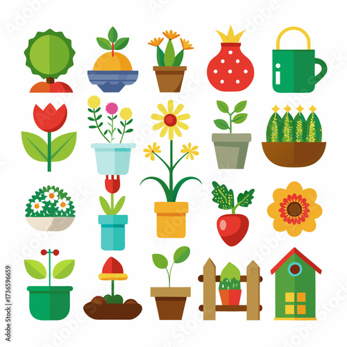 Collection of colorful vector garden icons on white background
