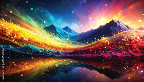 Fantasy Mountain Reflection with Vibrant Colors and Glittering Lights
