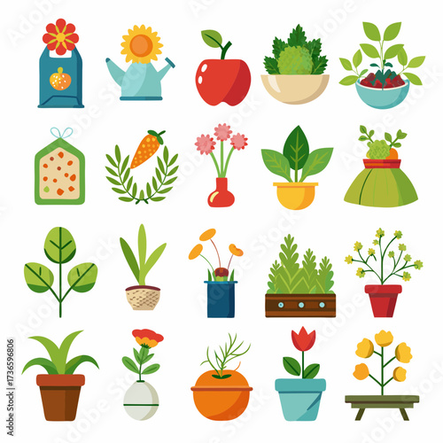 Collection of potted plants, fruits and gardening tools vector set