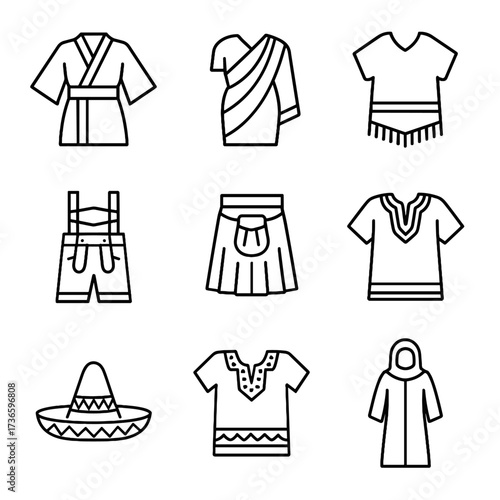Traditional clothing icons sari poncho abaya sombrero kilt icon vector lederhosen kimono