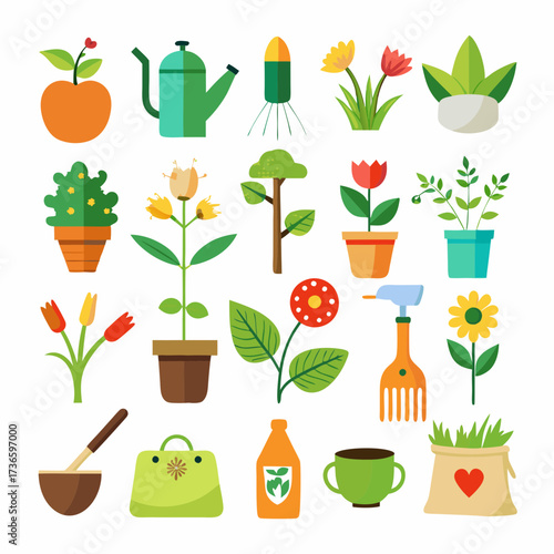 Collection of gardening tools and plants in flat design