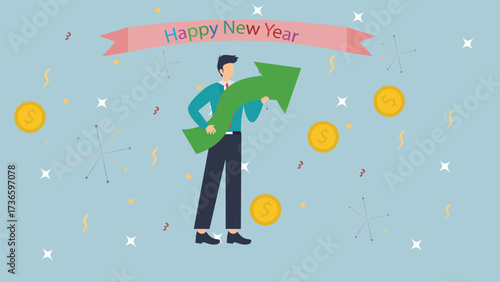 Optimistic businessman holding arrow celebrating happy new year with confetti on blue background