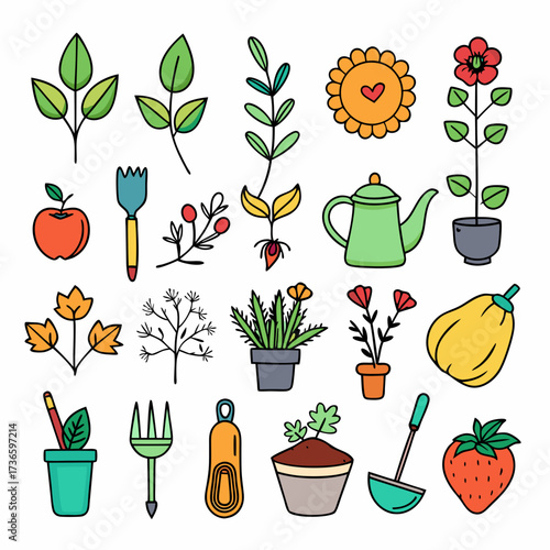 Hand-drawn botanical elements and gardening tools on white background