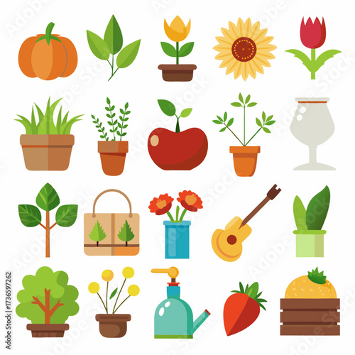 Flat design vector elements of nature and gardening tools
