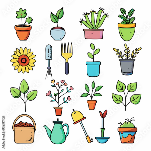 Cartoon Gardening Elements: Plants, Tools, and Accessories for Design