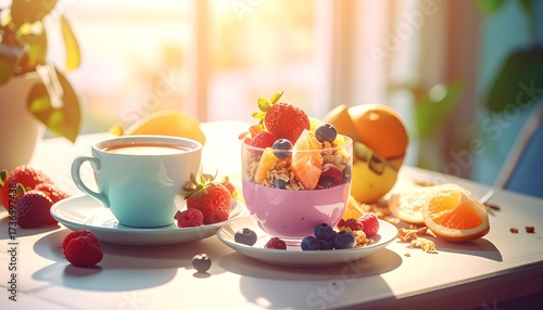 Wallpaper Mural A light-filled image of a healthy breakfast on a white table, including coffee, berries, and granola. Natural sunlight Torontodigital.ca