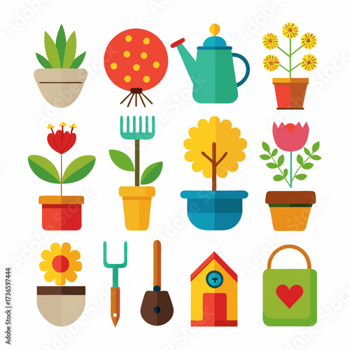 Flat design gardening tool and plant icons isolated