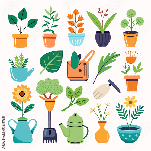 Collection of potted plants and gardening equipment vector art