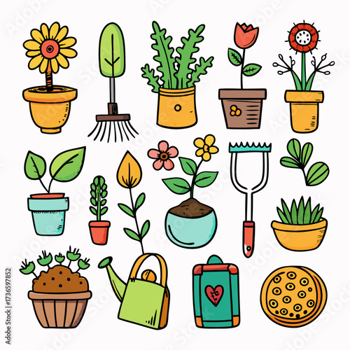 Hand-drawn gardening equipment and plants in colorful pots on white