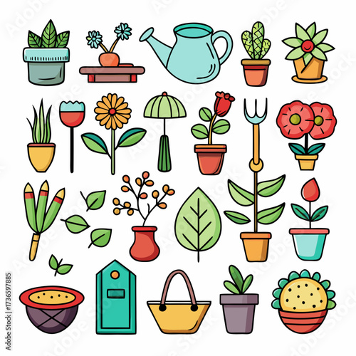 Cartoon style plants and gardening tools on white background