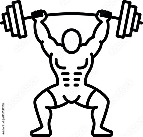 A stylized line drawing of a muscular figure lifting a barbell overhead in a squatting position