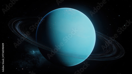 Photorealistic view of the planet uranus with smooth blue atmosphere and detailed ring system set against deep space