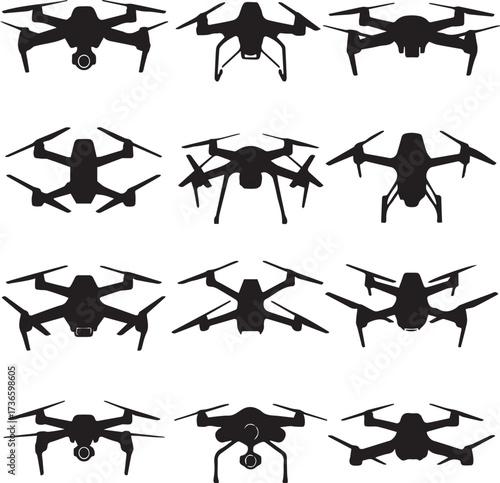 Collection of twelve black quadcopter drone silhouettes with cameras and propellers technology