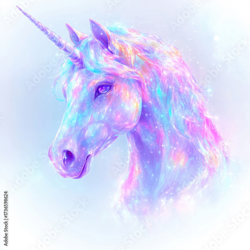 Magical portrait of a white unicorn with a purple mystical background, whimsical and fantasy-themed, highlighting mythical elegance and enchantment.