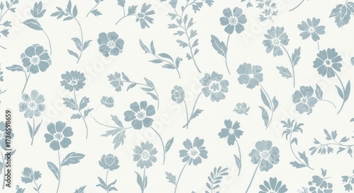 Delicate blue flowers and leaves scattered across a white surface create a calming and elegant floral pattern, perfect for a spring or summer theme.