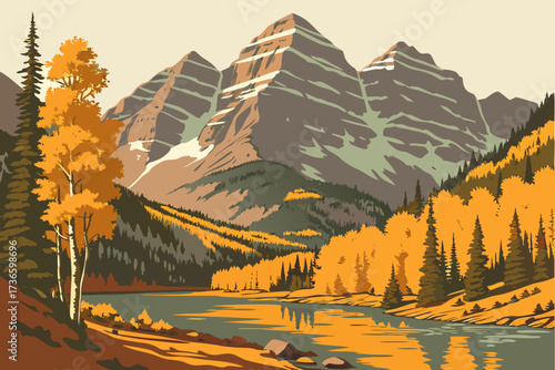 Maroon Bells in Colorado, twin peaks reflected in alpine lake surrounded by golden aspens