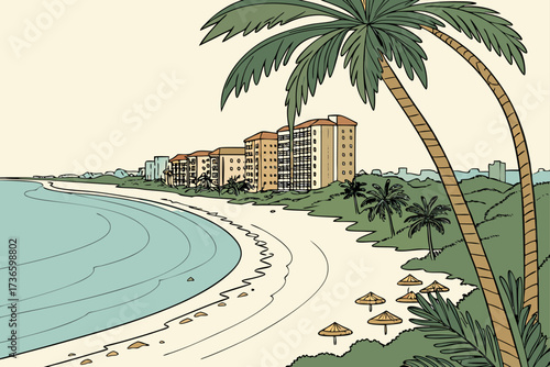 Marco Island Beach in Florida, wide sandy beach framed by palm-lined resorts