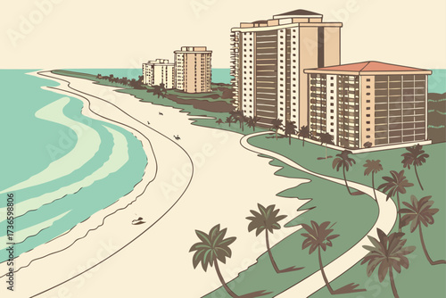 Marco Island in Florida, wide sandy beaches, palm trees, and luxury high-rise resorts