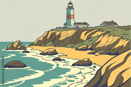 Long Island’s Montauk Point in New York, rugged bluffs with lighthouse overlooking Atlantic surf