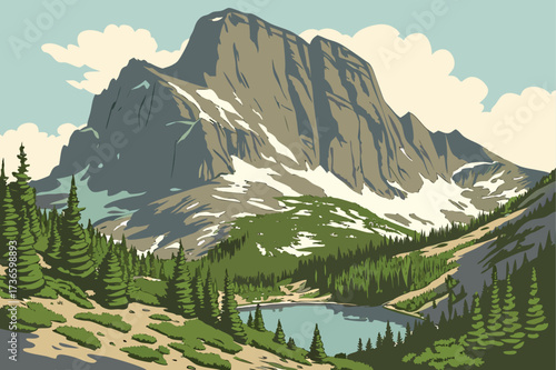 Longs Peak in Rocky Mountain National Park, Colorado, sharp granite summit with alpine lakes below
