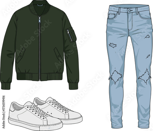 Casual fashion outfit vector illustration with bomber jacket, ripped jeans, and sneakers for modern streetwear style design
