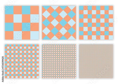 Pastel blue and orange checkered seamless patterns
