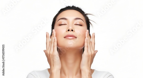 Radiant young woman with eyes gently closed, enjoying a soothing moment of delicate facial care, embracing a wellness routine for vibrant, healthy, and beautiful skin