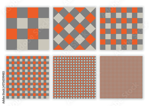 Seamless checkered digital paper patterns in orange gray and beige tones