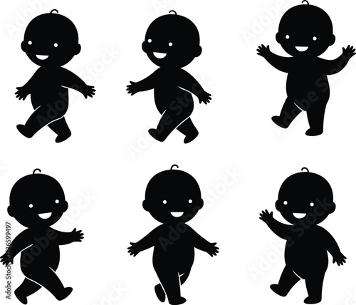 Cute baby silhouette vector illustration showing children walking and waving in playful poses for nursery, design, and education